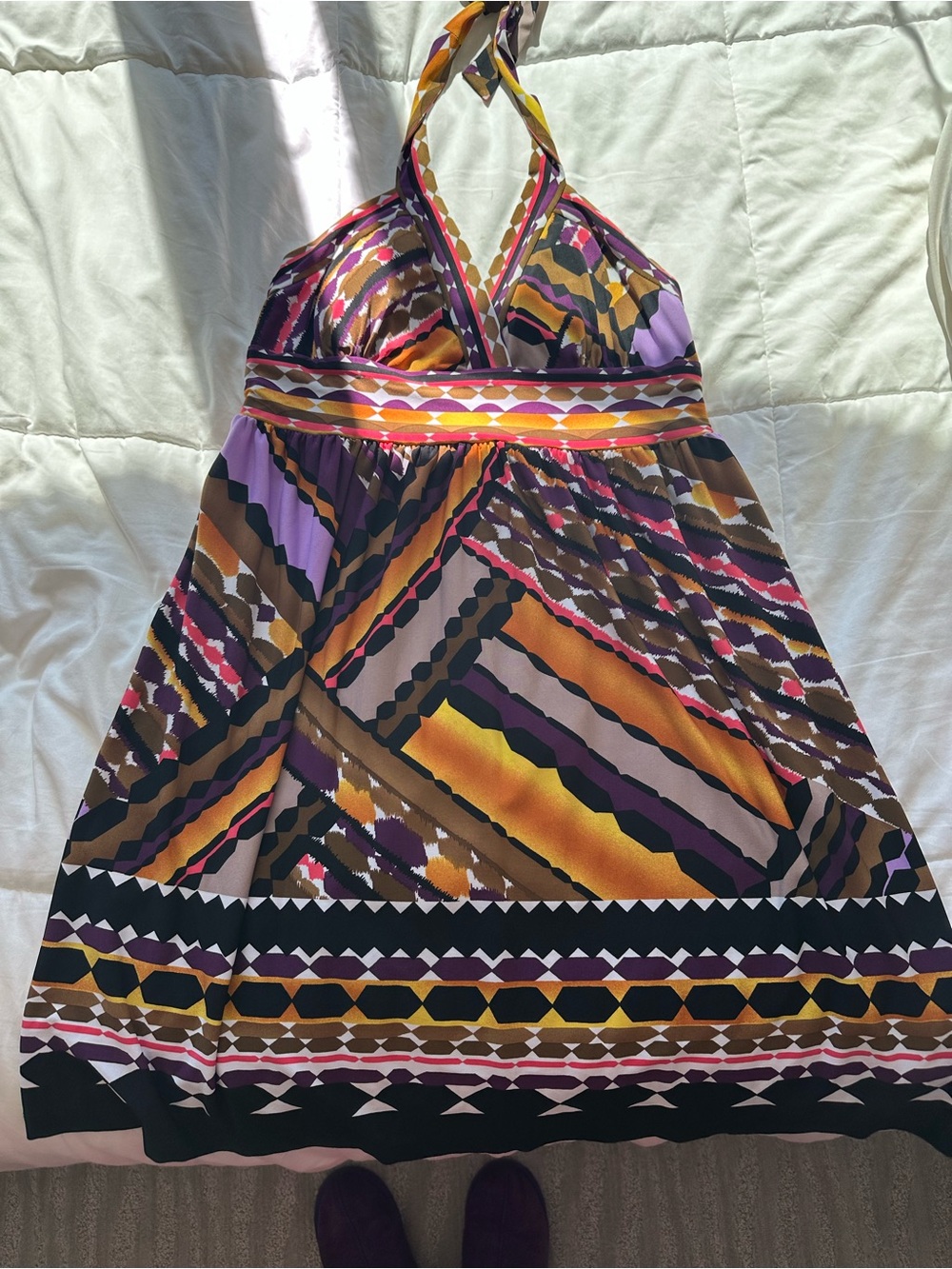 AGB Halter Mini Dress in Purple, Mustard & Brown Geometric Print